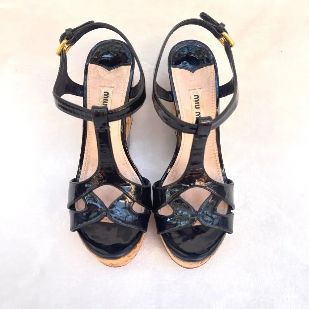 Miu Miu Patent leather T-Strap Cork Black Wedges